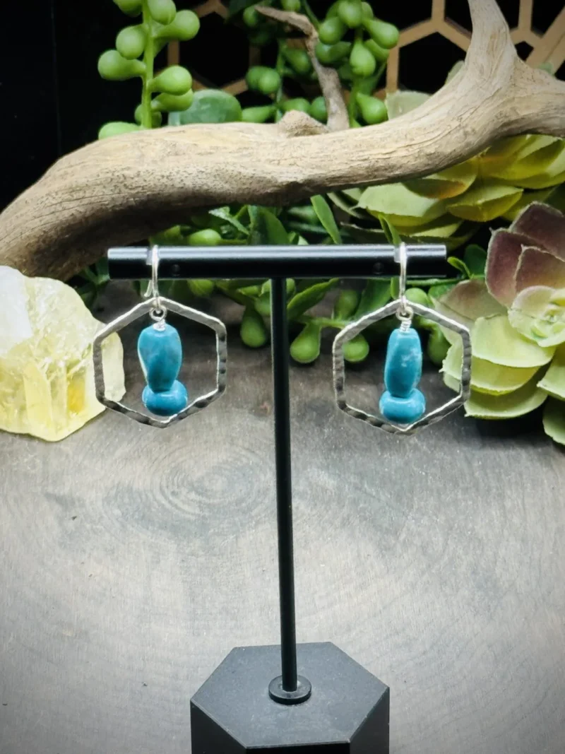Classy Fine Silver Honeycomb Hoops with Turquoise