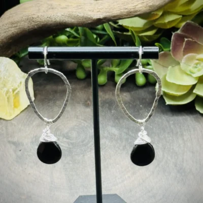 Classy Fine Silver Teardrop Hoops with Teardrop Black Obsidian