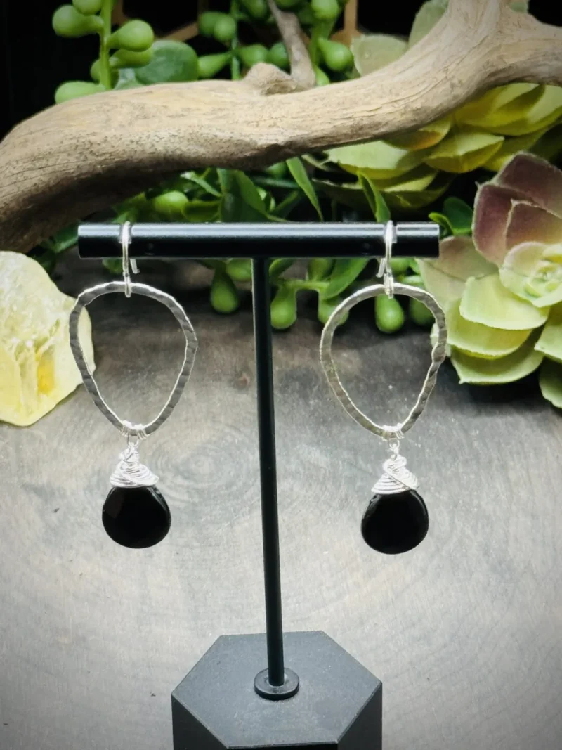 Classy Fine Silver Teardrop Hoops with Teardrop Black Obsidian