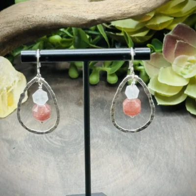 Classy Fine Silver Teardrop Hoops with Quartz & Strawberry Quartz