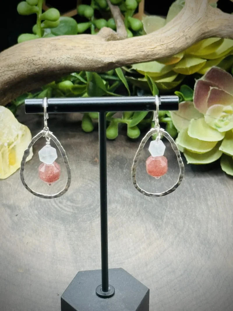 Classy Fine Silver Teardrop Hoops with Quartz & Strawberry Quartz