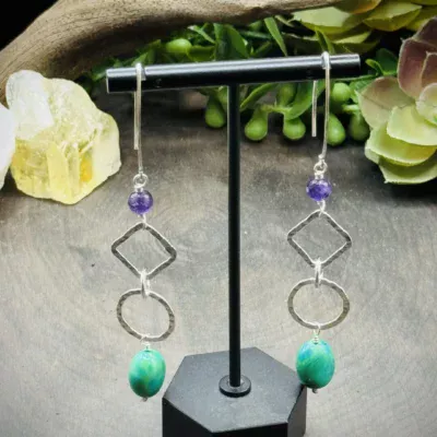 Fine Silver Round, Marquise Ear Wires with Amethyst & Turquoise