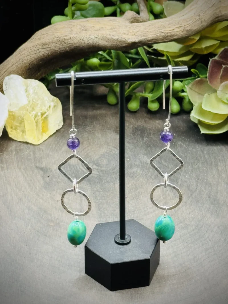 Fine Silver Round, Marquise Ear Wires with Amethyst & Turquoise