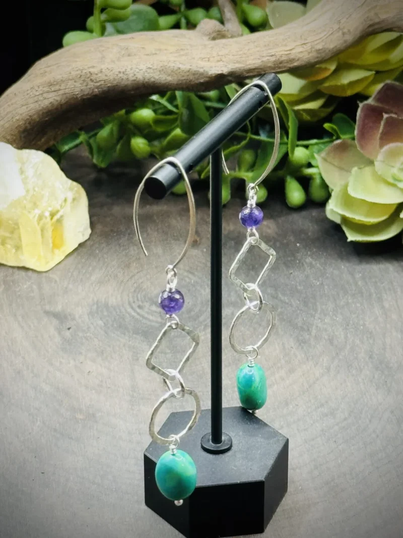 Fine Silver Round, Marquise Ear Wires with Amethyst & Turquoise - Image 2