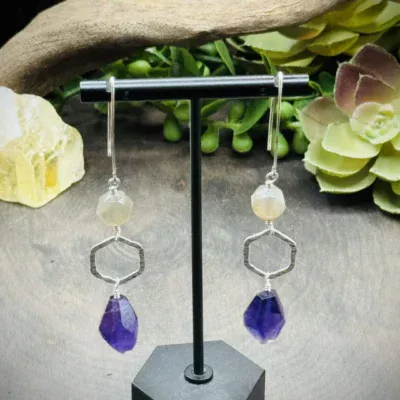 Fine Silver Round, Marquise Ear Wires with Moonstones & Amethyst