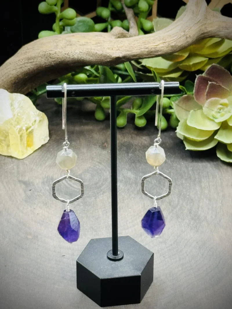 Fine Silver Round, Marquise Ear Wires with Moonstones & Amethyst