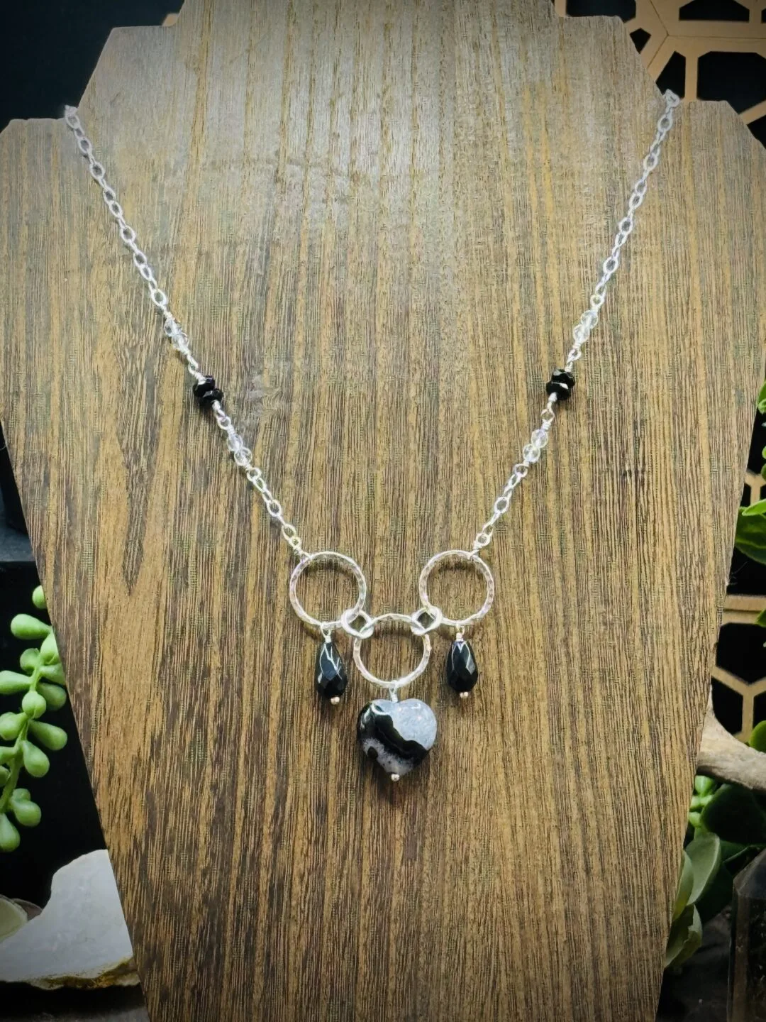 Five Elegant Hoop Necklace with Onyx & Quartz Heart, Black Obsidian, Onyx, & Clear Quartz Crystals - Image 2