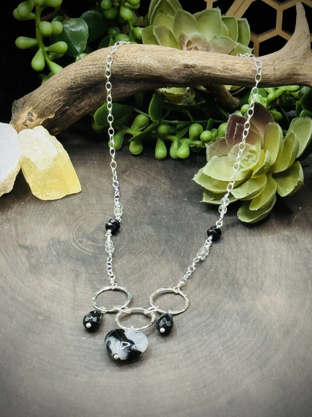 Five Elegant Hoop Necklace with Onyx & Quartz Heart, Black Obsidian, Onyx, & Clear Quartz Crystals