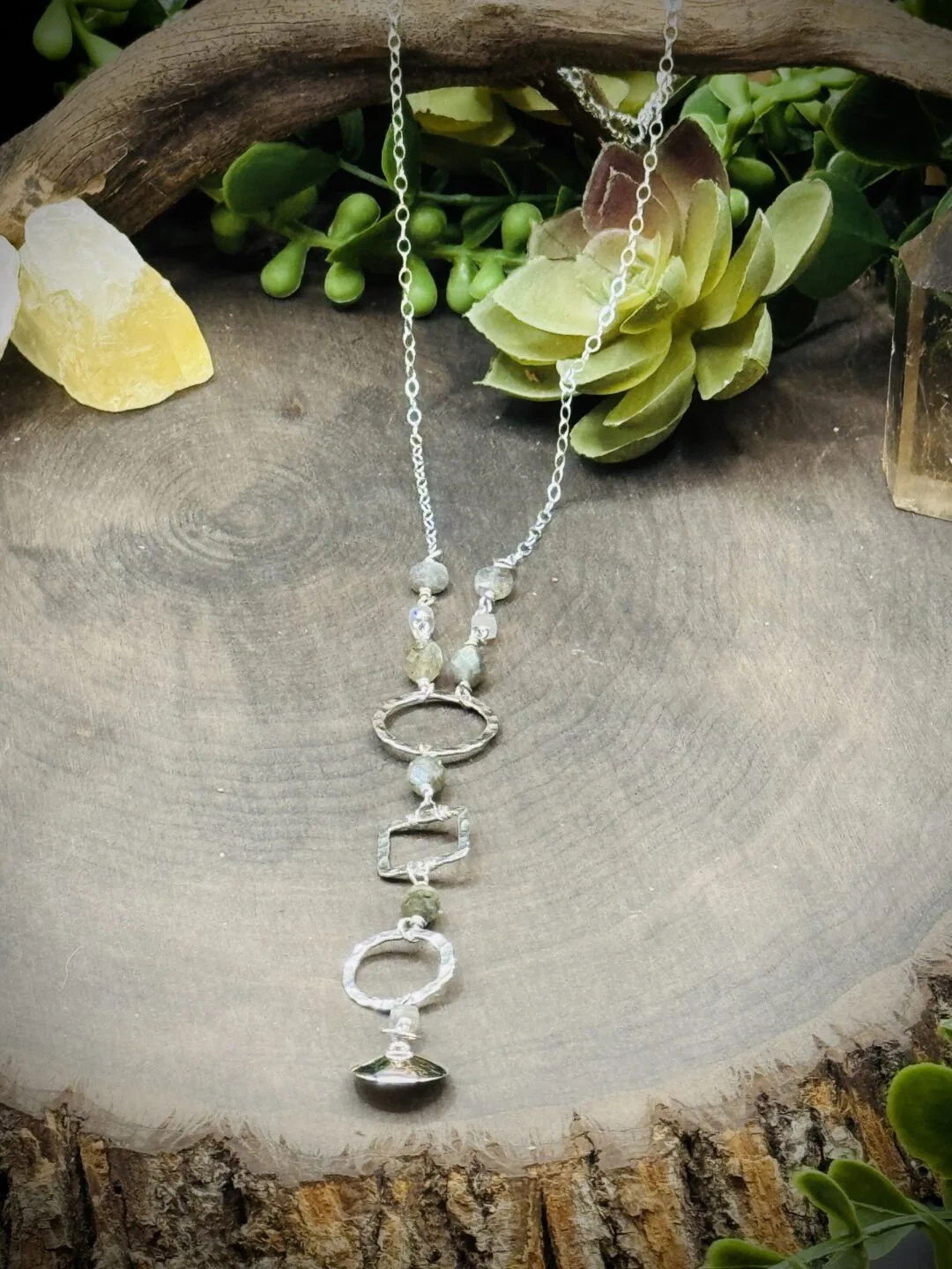 Three Elegant Hoop Necklace with Labradorite & Sterling Silver Flying Saucer