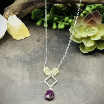 Small Fine Silver Diamond Shaped Round with Ruby Teardrop & Citrine Beads