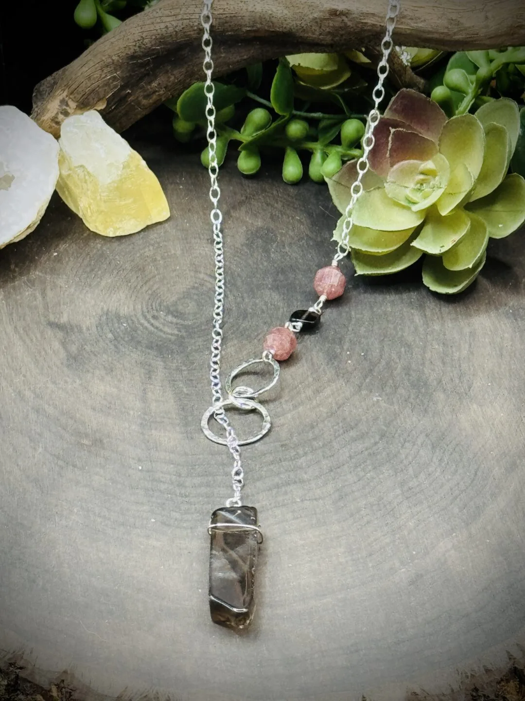 Three Elegant Fine Silver Small Rounds Y Necklace with Smoky Quartz & Strawberry Quartz