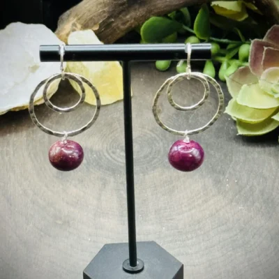 Two Geometric Round Earrings with Large Ruby Beads