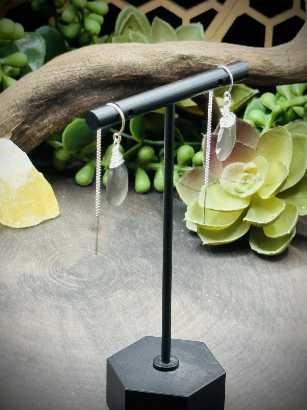 Threader Earrings with Teardrop Grey Moonstones - Image 2