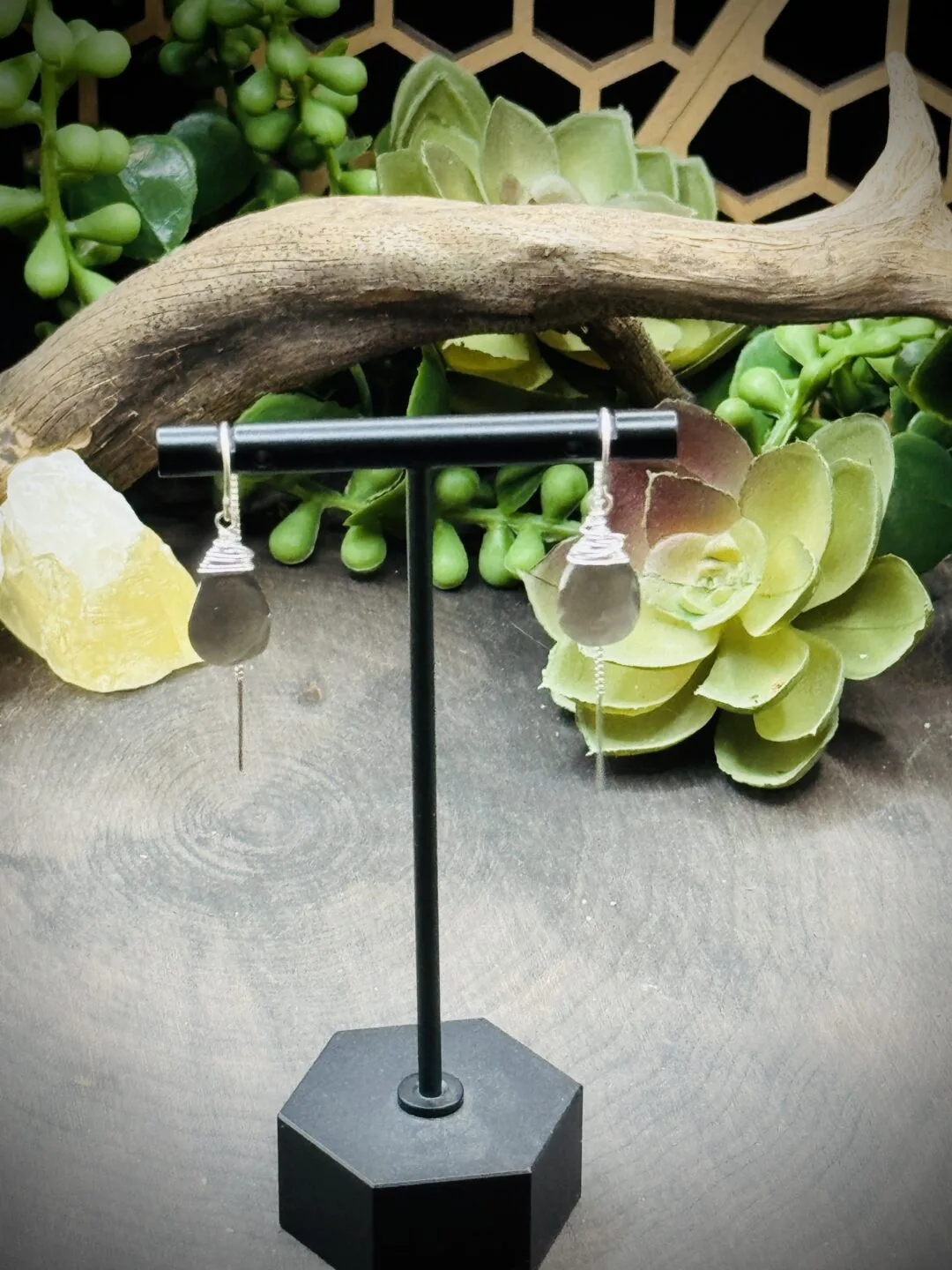 Threader Earrings with Teardrop Grey Moonstones