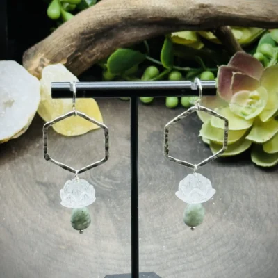 Daring Fine Silver Honeycomb Hoops with Lotus Flower Clear Quartz Crystal's & Burma Jade Teardrops