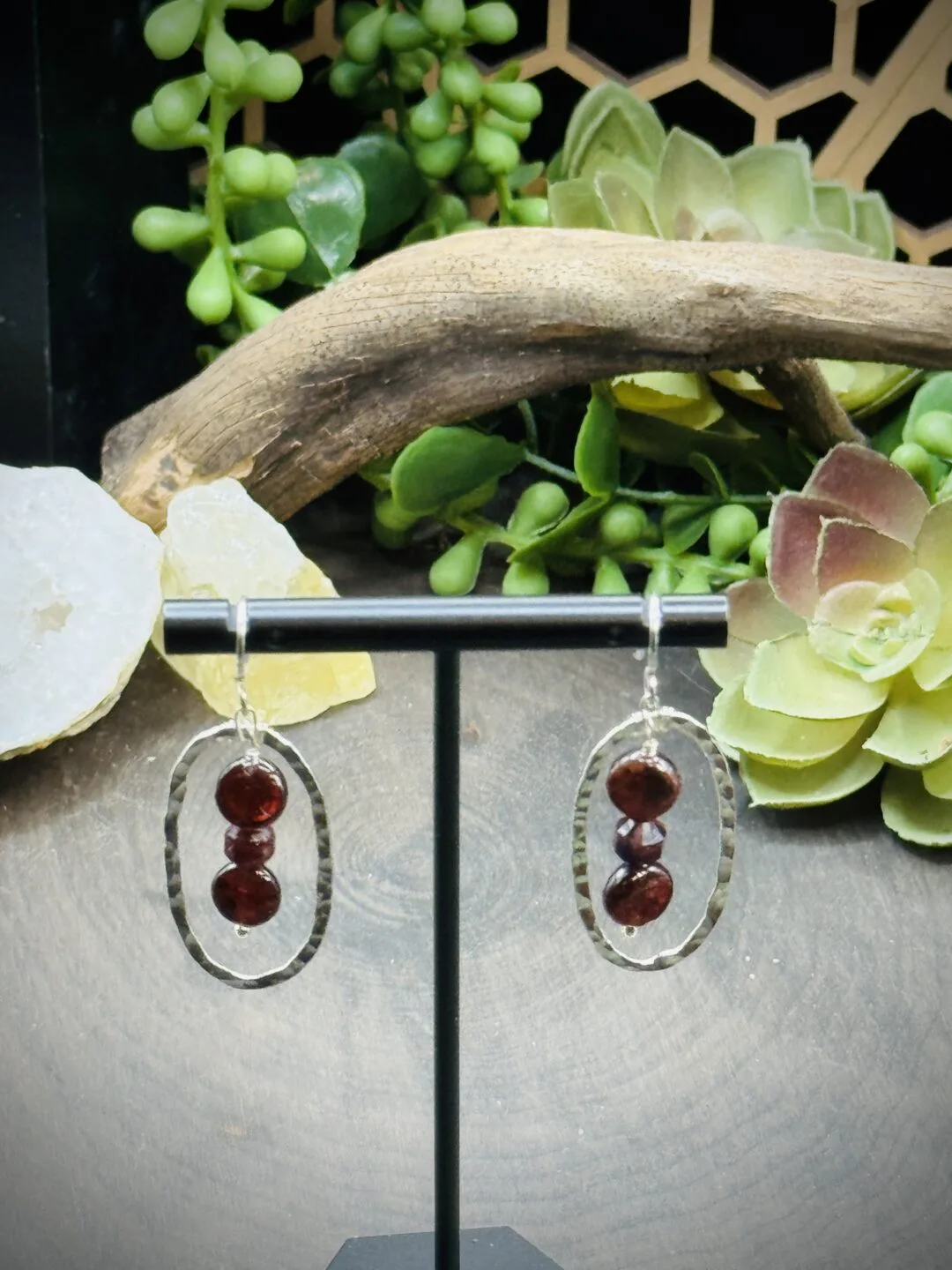 Classy Fine Silver Oval Hoops with Garnet Beads