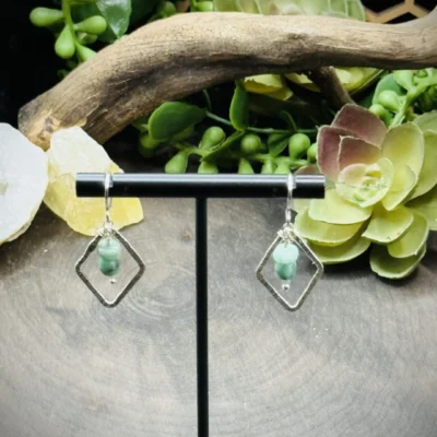 Dainty Diamond Shaped Hoops with Emerald Beads