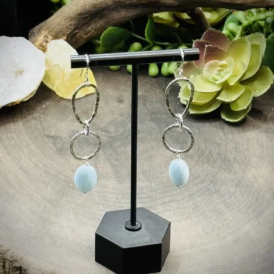 Three Geometric Round Earrings with Large Aquamarine Beads