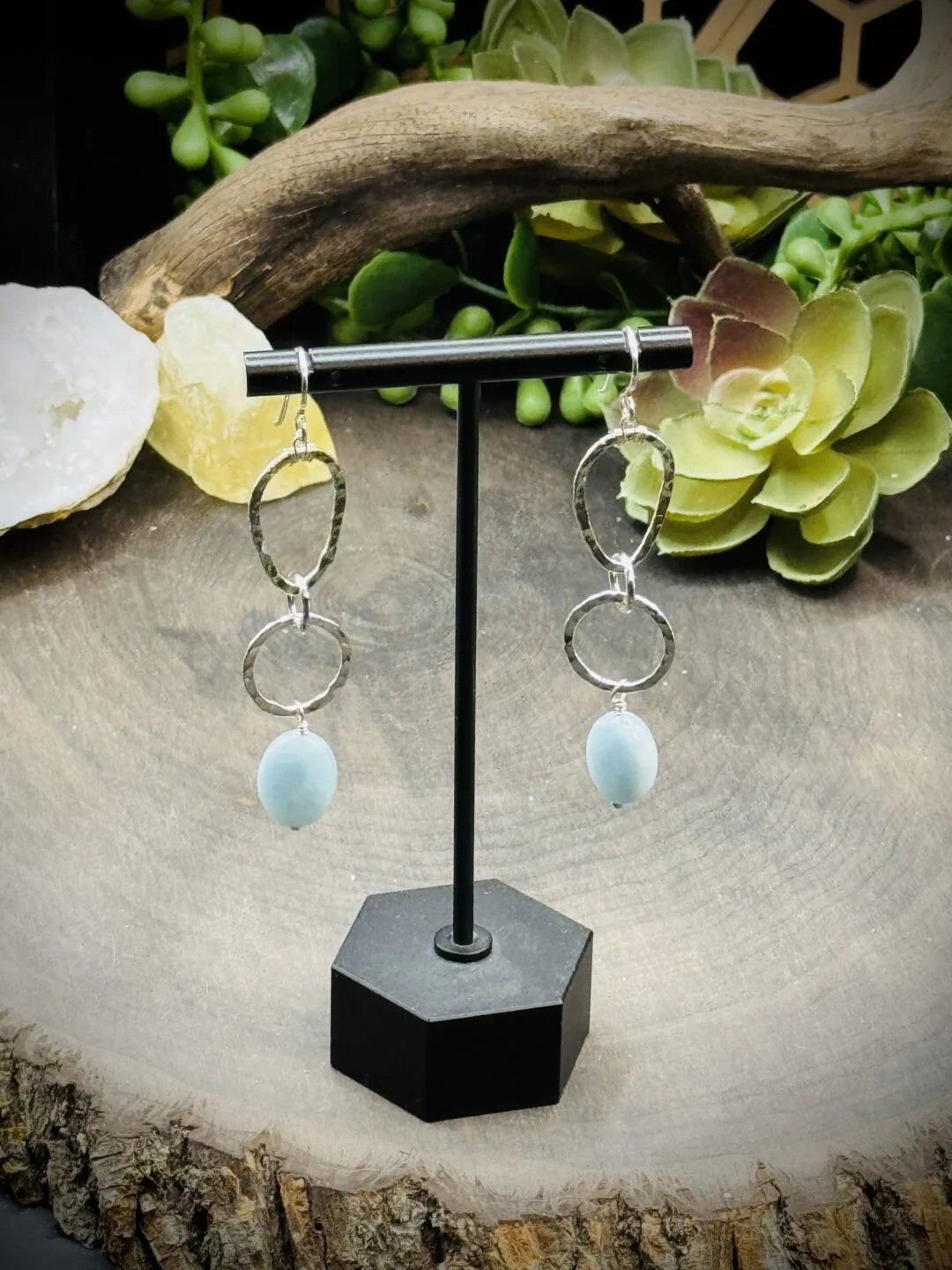 Three Geometric Round Earrings with Large Aquamarine Beads