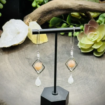 Fine Silver Diamond Shaped Round, Marquise Ear Wires with Moonstones