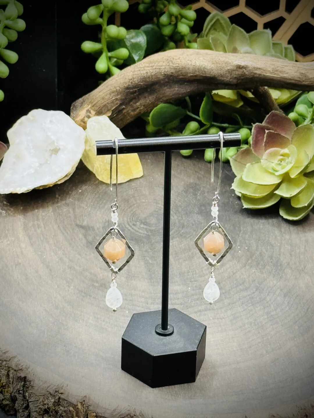 Fine Silver Diamond Shaped Round, Marquise Ear Wires with Moonstones