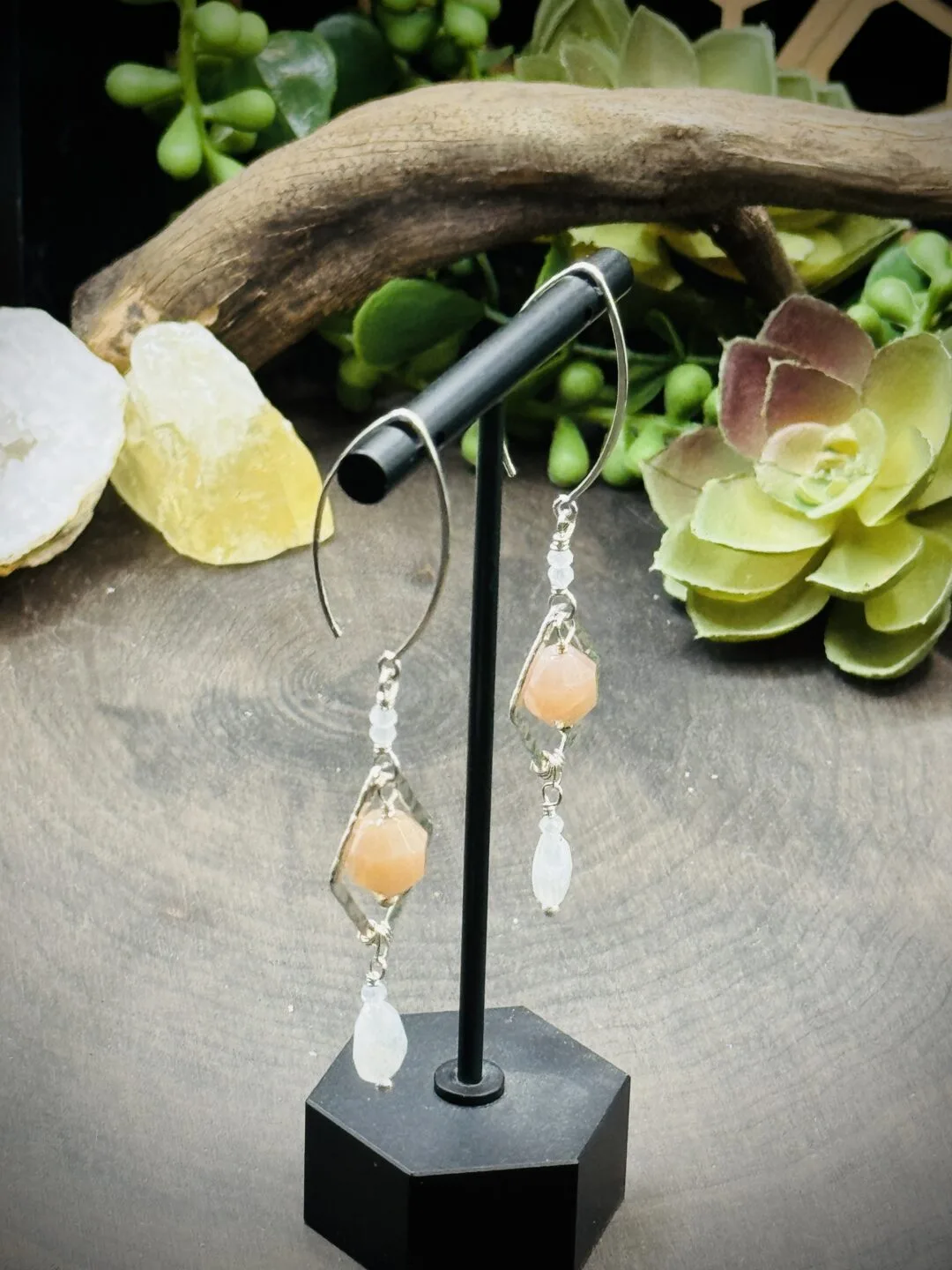 Fine Silver Diamond Shaped Round, Marquise Ear Wires with Moonstones - Image 2