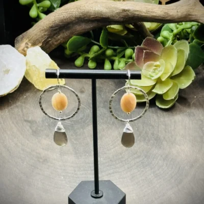 Geometric Round Earrings with Peach Moonstones & Grey Moonstone Teardrops