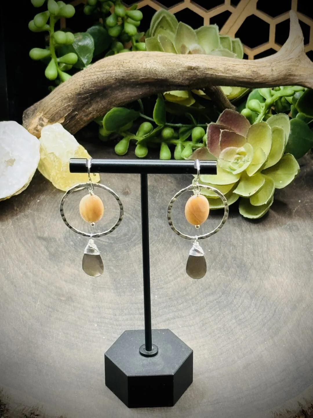 Geometric Round Earrings with Peach Moonstones & Grey Moonstone Teardrops