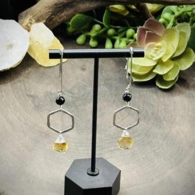 Fine Silver Honeycomb, Marquise Ear Wires with Onyx & Citrine Teardrops