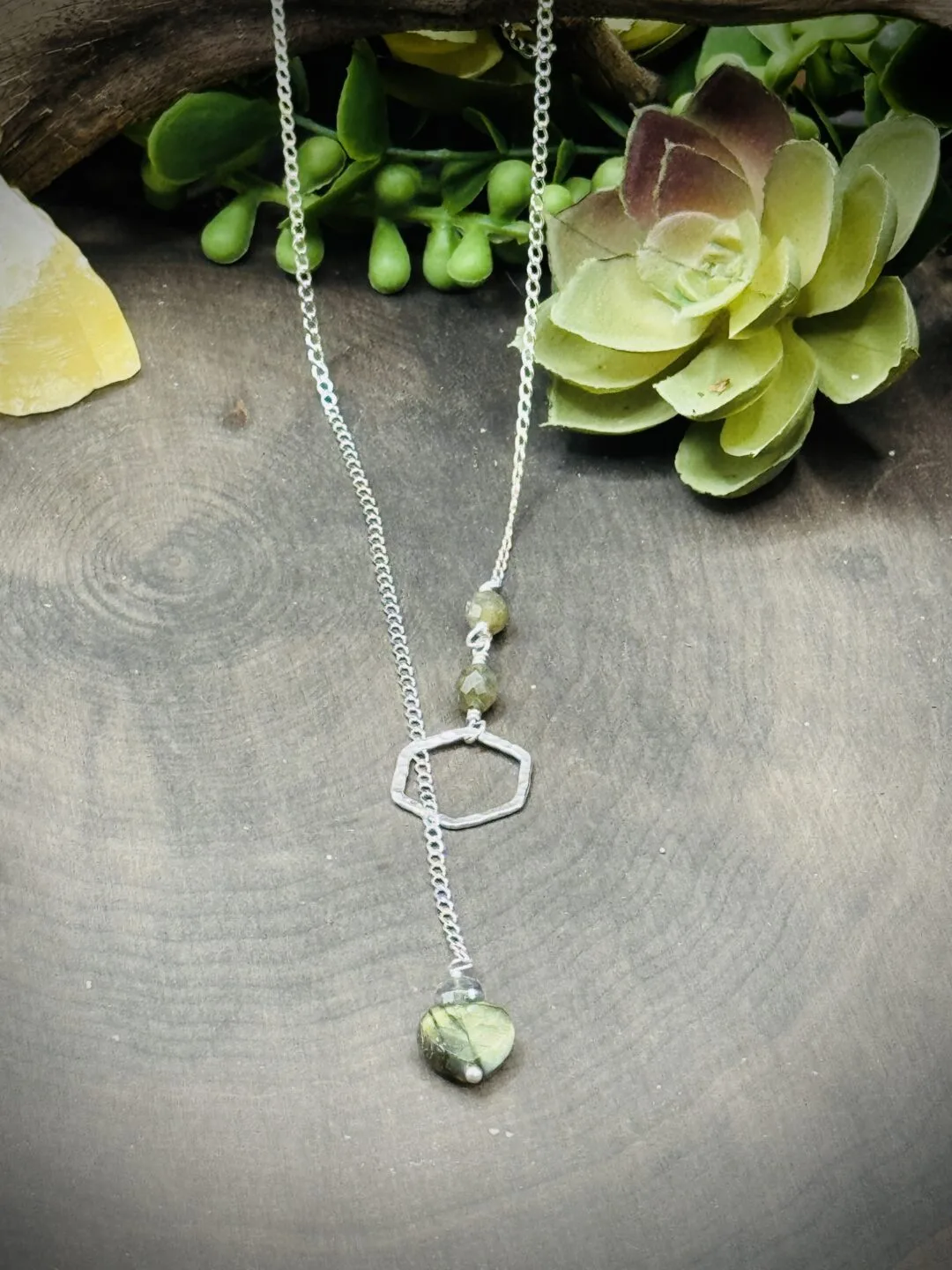 Elegant Fine Silver Small Honeycomb Round Y Necklace with Labradorite