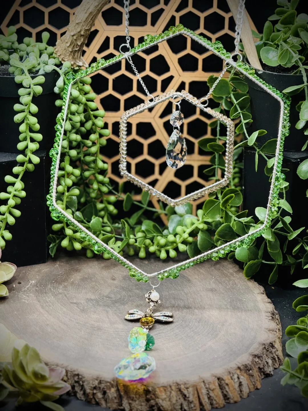 Antler Silver Colored Honeycombs with Moss Green & Champagne Beads - Image 2