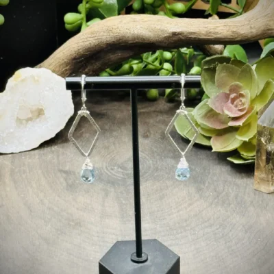 Dainty Diamond Shaped Hoops with Sky Blue Topaz Teardrops
