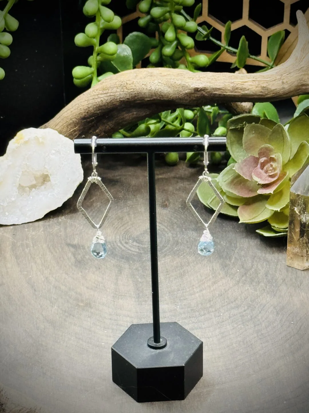 Dainty Diamond Shaped Hoops with Sky Blue Topaz Teardrops