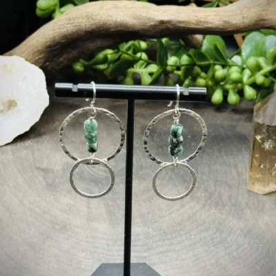Two Geometric Round Earrings with Square Emerald Beads