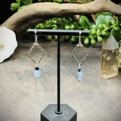 Dainty Diamond Shaped Hoops with Aquamarine & Sapphires