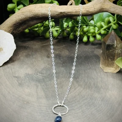 Small Fine Silver Round with Sapphire Teardrop