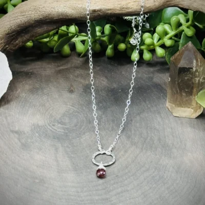 Small Fine Silver Round with Garnet Teardrop