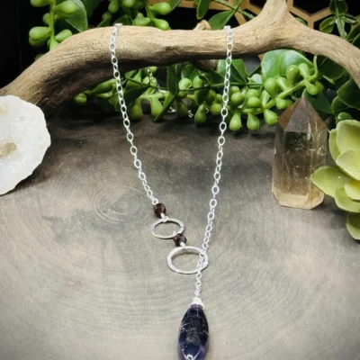 Two Elegant Fine Silver Round Y Necklace with Garnets & Large Amethyst