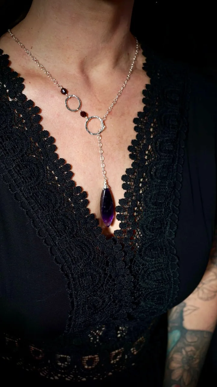 Two Elegant Fine Silver Round Y Necklace with Garnets & Large Amethyst - Image 2