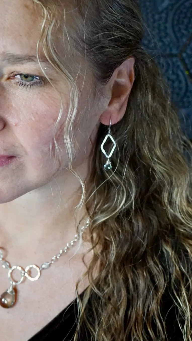 Dainty Diamond Shaped Hoops with Sky Blue Topaz Teardrops - Image 2