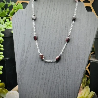Paperclip Sterling Silver Necklace with Garnet Beads