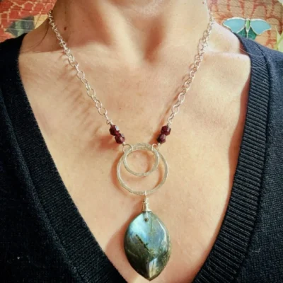 Two Elegant Hoop Necklace with Labradorite & Garnets