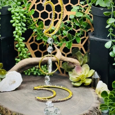 Double Moon Gold Colored Sun Catcher in Iridescent Purple Beads