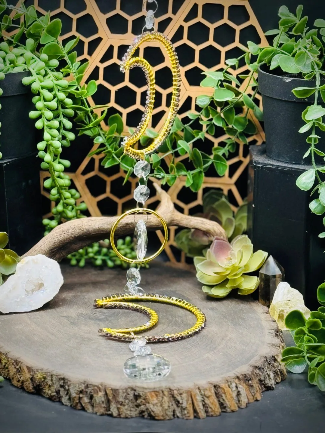 Double Moon Gold Colored Sun Catcher in Iridescent Purple Beads