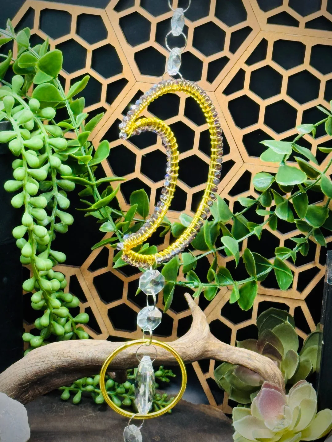 Double Moon Gold Colored Sun Catcher in Iridescent Purple Beads - Image 2