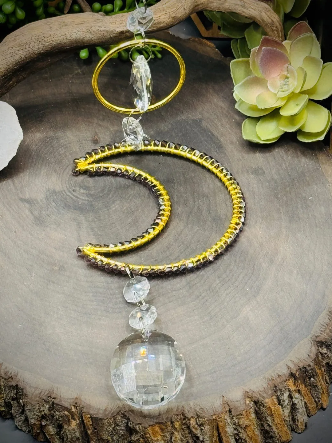 Double Moon Gold Colored Sun Catcher in Iridescent Purple Beads - Image 3