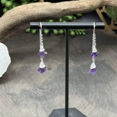 Threader Earrings with Chains & Diamond Shaped Amethyst