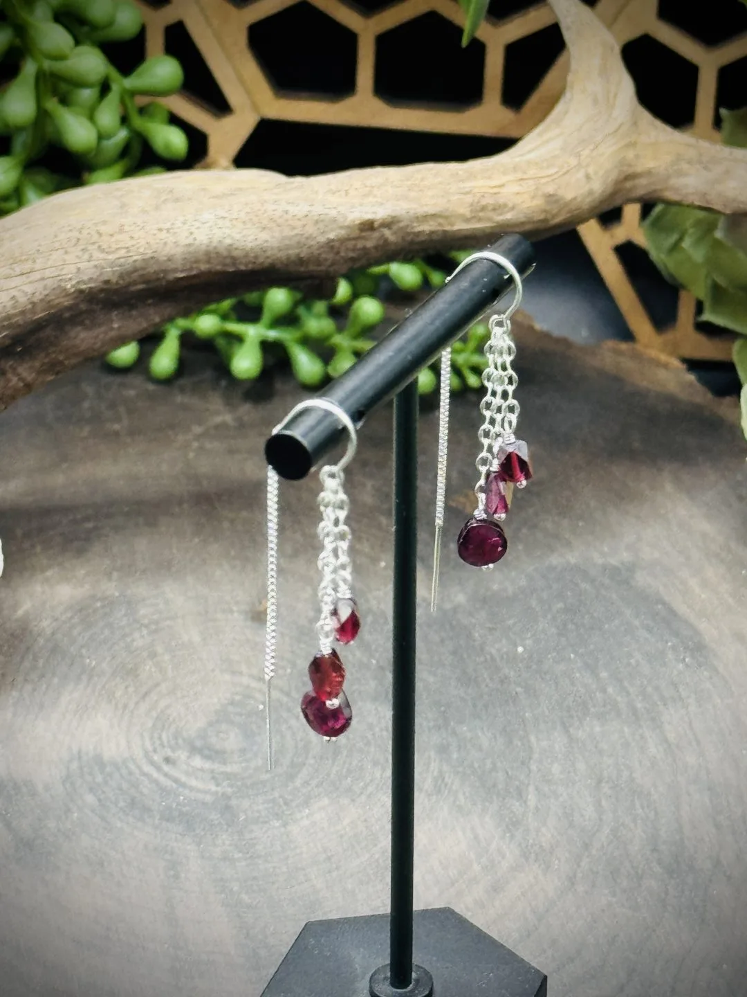 Threader Earrings with Chains & Garnets - Image 2