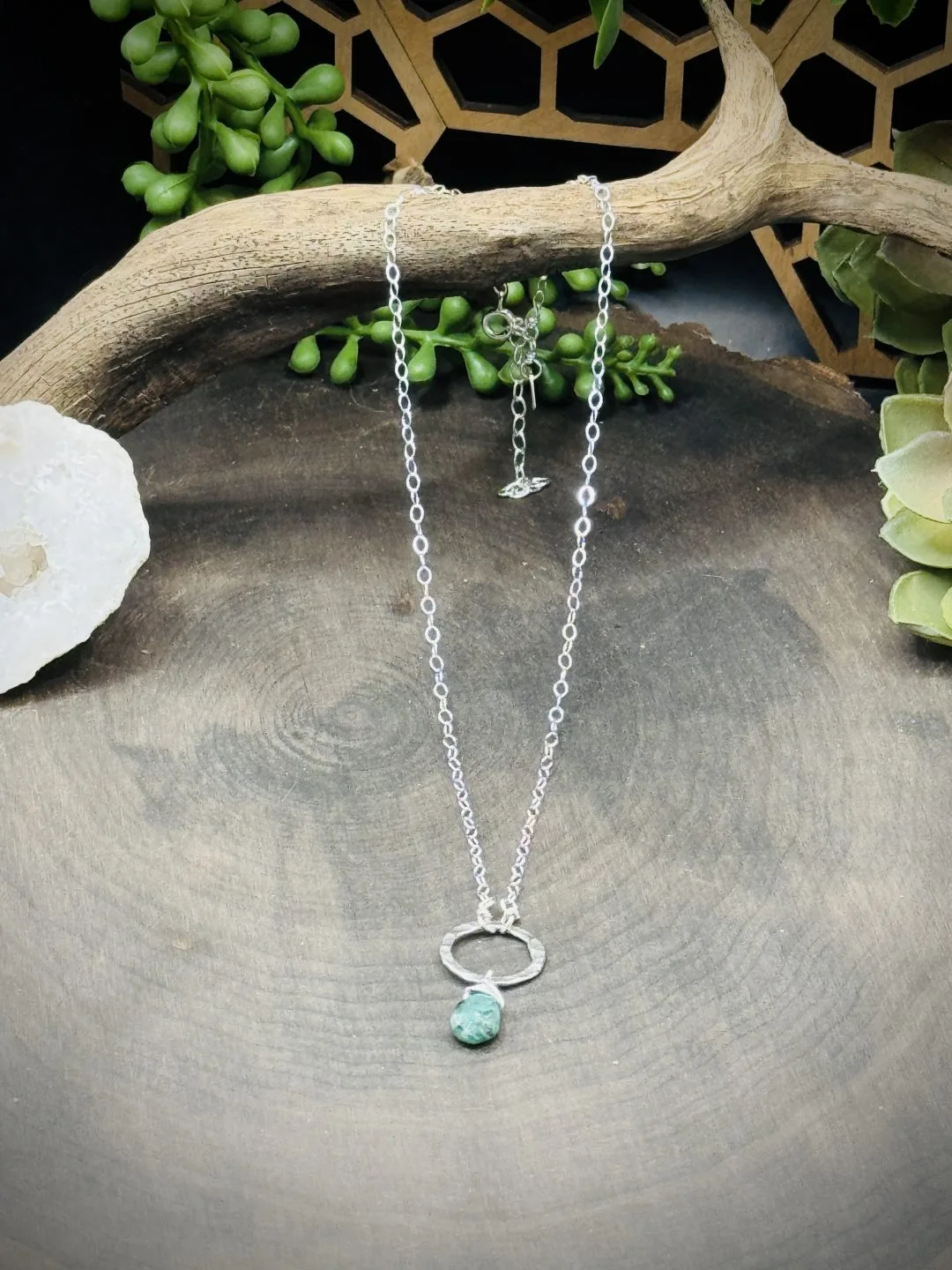 Small Fine Silver Round with Emerald Teardrop - Image 2