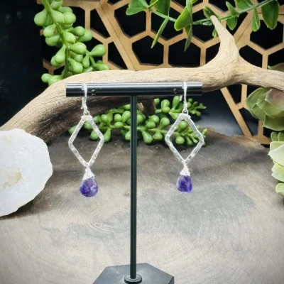 Dainty Diamond Shaped Hoops with Amethyst Teardrops